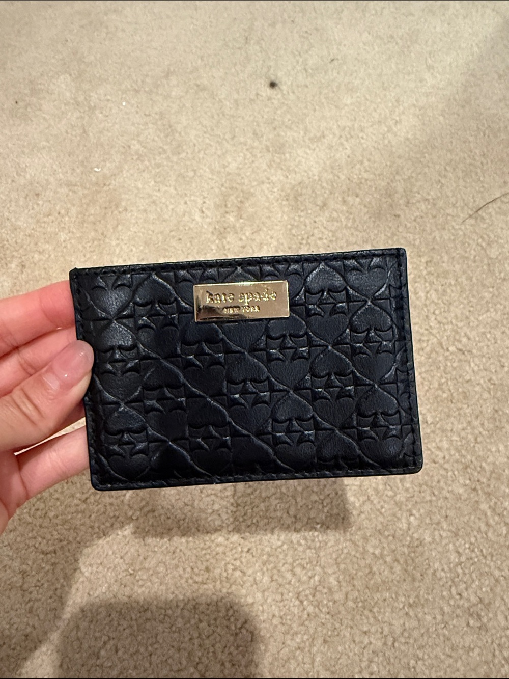 kate spade Black Quilted Embossed Leather Card Case with Gold Plaque